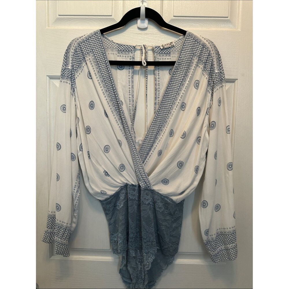 Intimately Free People Blue & White Lace Wrap-Front Bodysuit Size Small